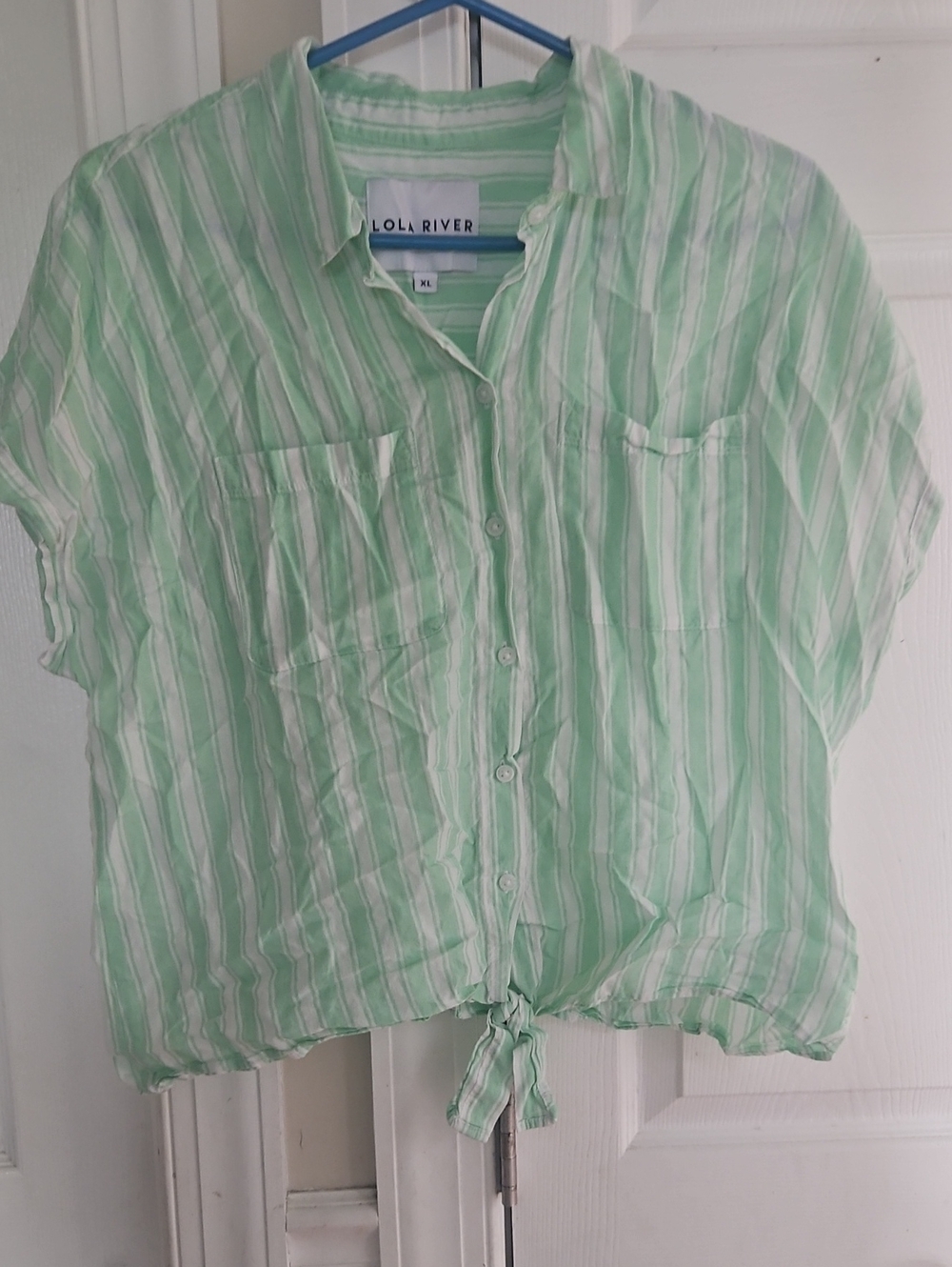Lola River Mint Green Striped Tie-Hem Button Down Shirt